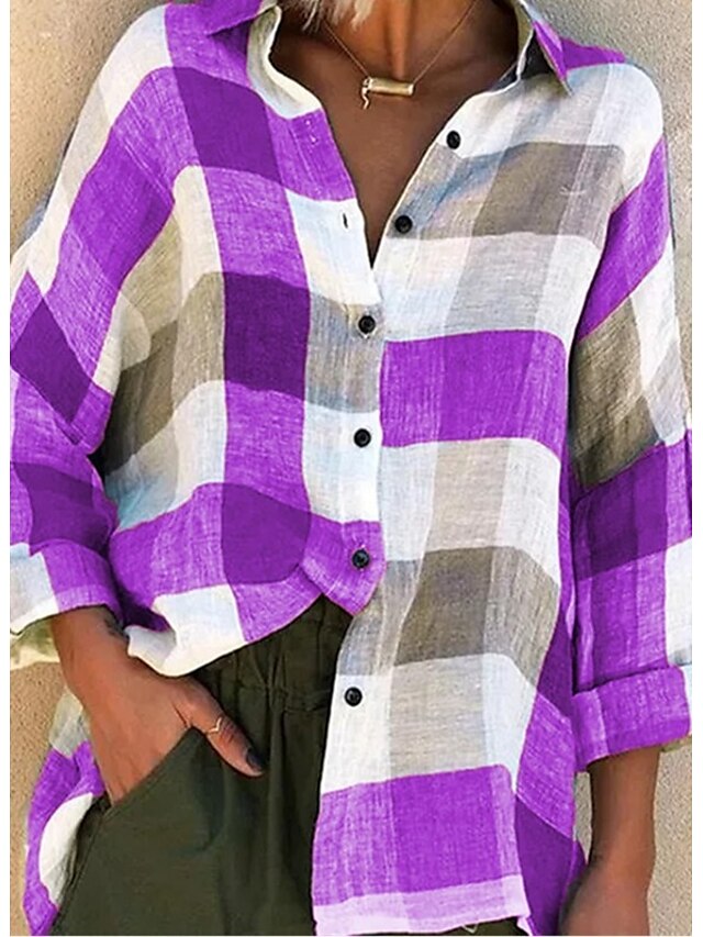  Women's Blouse Shirt Green Blue Purple Patchwork Print Plaid Color Block Daily Long Sleeve Shirt Collar Basic Long Loose Fit S