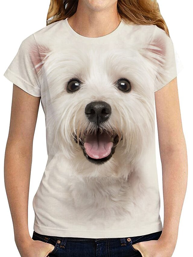  Dame T skjorte Grafisk Hund 3D Ferie Helg Hvit Trykt mønster Kortermet Grunnleggende Rund hals Normal