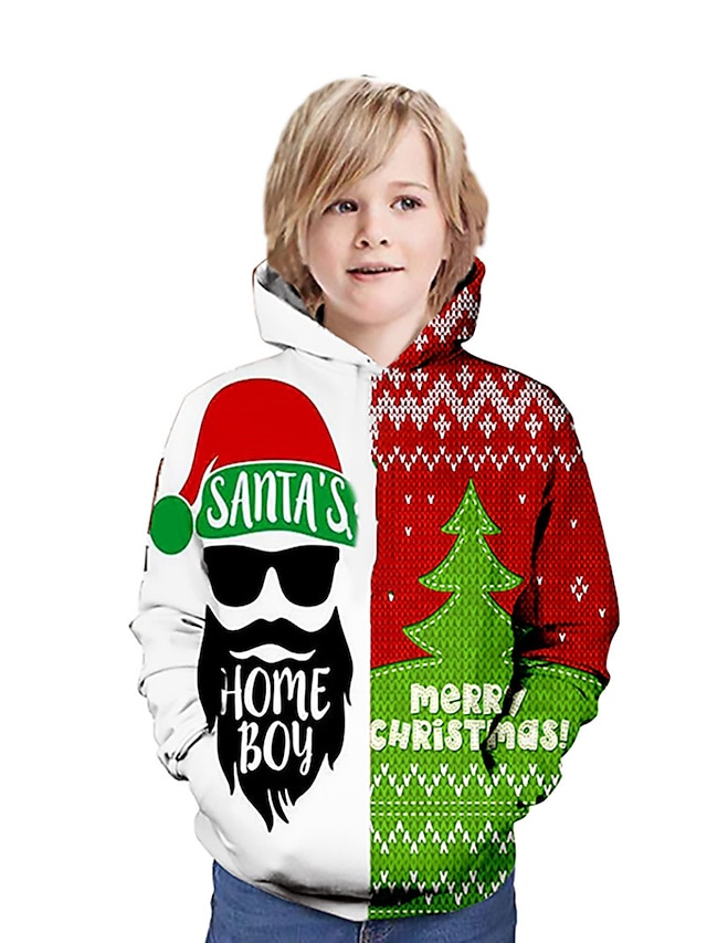  Barn Gutt Hettegenser og sweatshirt Jul Langermet Grønn Trykt mønster 3D Jul Bokstaver Aktiv