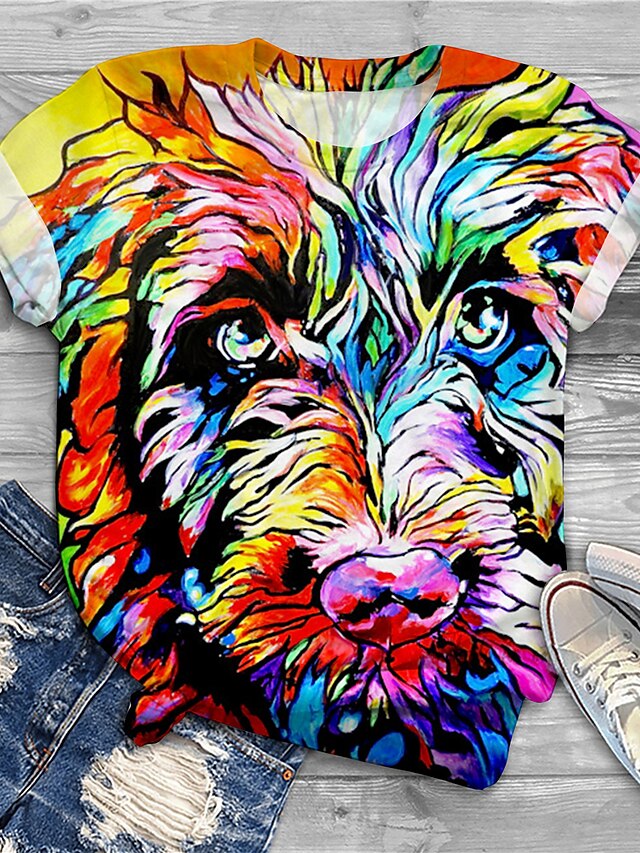  Women's Plus Size Tops Dog Graphic Patterned T shirt Tee Short Sleeve Print Valentine's Day Boho Round Neck Cotton Spandex Jersey Daily Fall Spring / Regular Fit