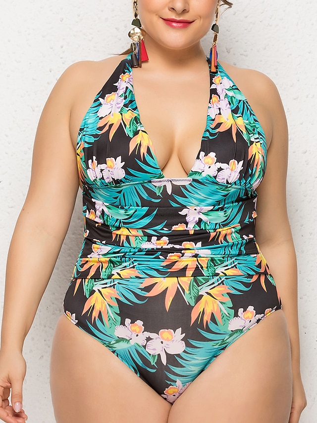  Women's One Piece Swimsuit Floral Tropical Green Swimwear Strap Bathing Suits
