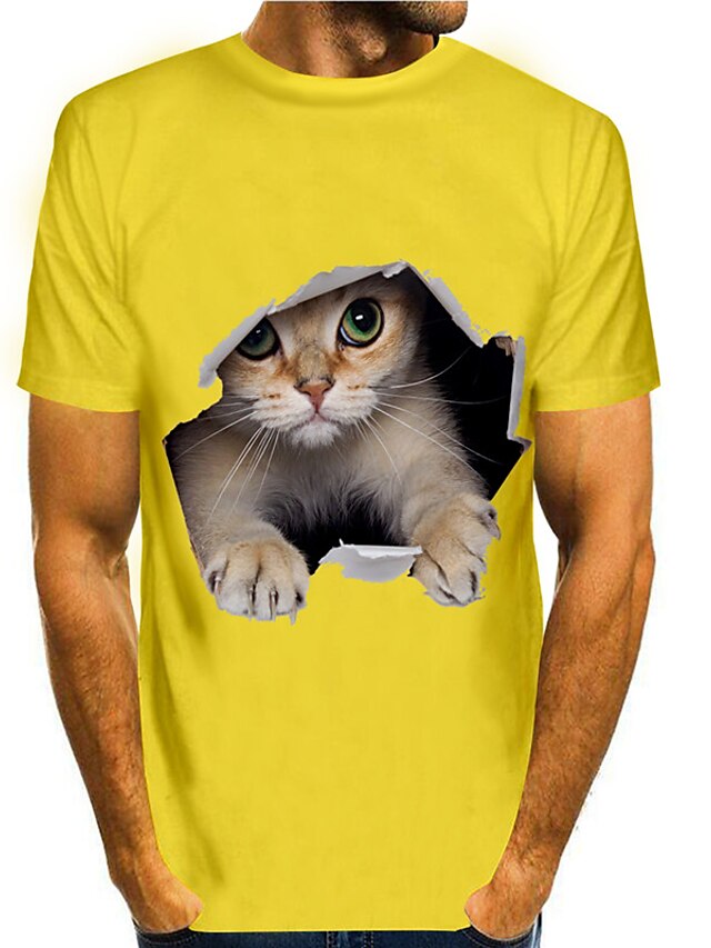  Cat in Hole Herren-Grafik-Shirt, 3D-buntes Sommer-Baumwoll-T-Shirt mit Tiermotiven, Rundhalsausschnitt, grün, blau, lila, gelb, orange, Übergröße, lässiges, tägliches, kurzes T-Shirt