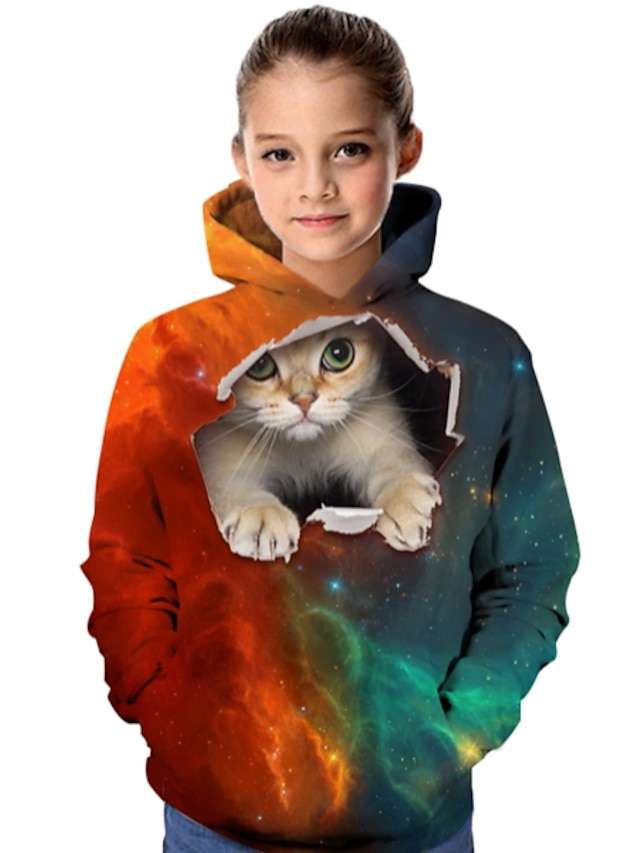  Barn Jente Hettegenser og sweatshirt Langermet Kakifarget Katt 3D-utskrift Katt Dyr Trykt mønster Skole Aktiv 4-12 år