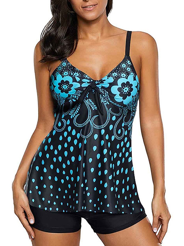  Women's Tankini Swimsuit Print Geometric Blue Royal Blue Black Swimwear Padded Strap Bathing Suits / Padded Bras