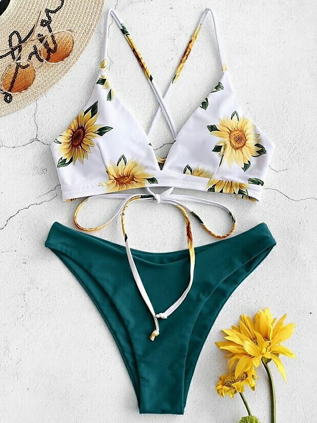  Women's Bikini 2 Piece Swimsuit Strappy Wrap Floral Yellow Green Light Green Swimwear Bathing Suits / Padded Bras