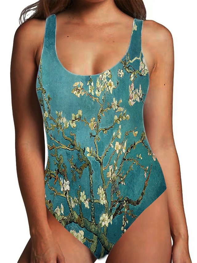  Damen Ein Stück Monokini Badeanzug Bauchkontrolle Druck Blumen Einfarbig Blau Schwarz Bademode Bodysuit Gurt Badeanzüge neu Modisch Sexy / Polsterloser BH