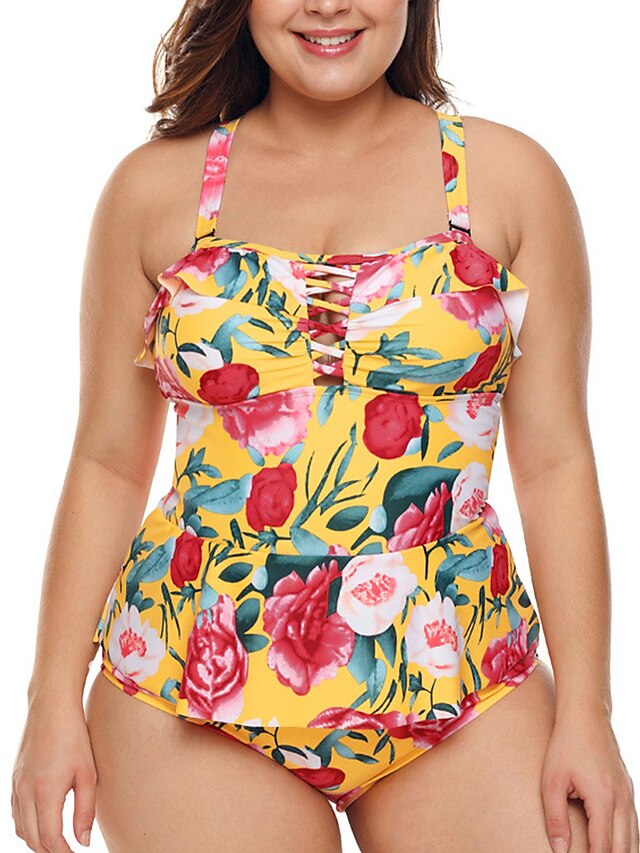  Maillots de Bain Une pièce Maillot de bain Femme Découpé Imprimé A Fleur Grandes Tailles Rembourré A Bretelles Maillots de bain Sexy / Soutien-gorge Rembourré