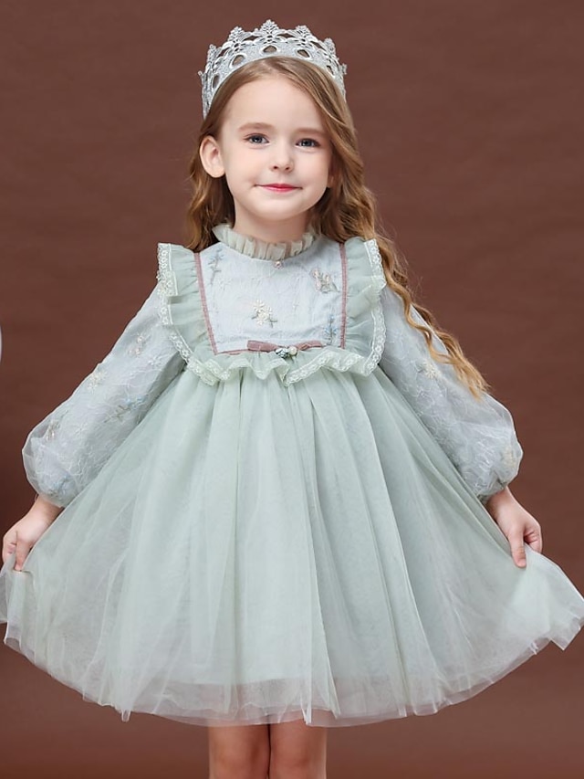  Kids Little Girls' Dress Flower Embroidered Lace Trims Blushing Pink Light Green Knee-length Tulle Long Sleeve Mint color Sweet Dresses Spring &  Fall New Year Regular Fit 3-13 Years