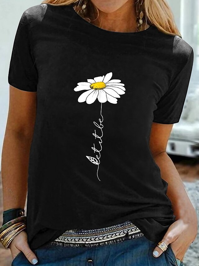  Mulheres Camiseta Gráfico Margarida 100% Algodão Preto Branco Amarelo Manga Curta Imprimir Básico Diário Para Noite Decote Redondo Normal