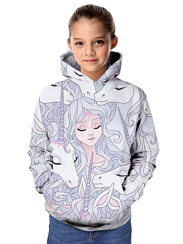  Kids Girls' Hoodie & Sweatshirt Long Sleeve Light gray Horse Print Graphic Unicorn 3D Animal School Active