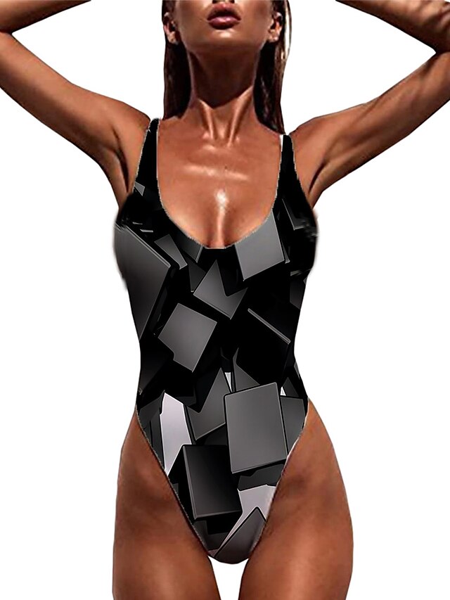  Women's One Piece Monokini Swimsuit Print Geometric 3D Black Swimwear Bodysuit Strap Bathing Suits New Sexy