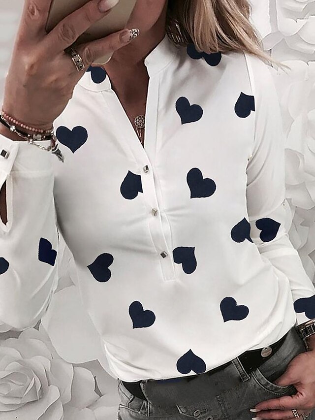  Mujer Blusa Camisa Corazón Manga Larga Estampado Escote en Pico Básico Tops Blanco