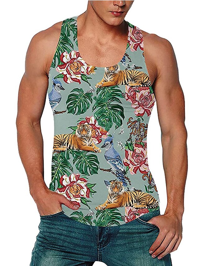  Men's Tank Top Vest Undershirt Floral 3D Print Crew Neck Daily Holiday Sleeveless 3D Print Print Tops Casual Beach Green / Summer / Summer
