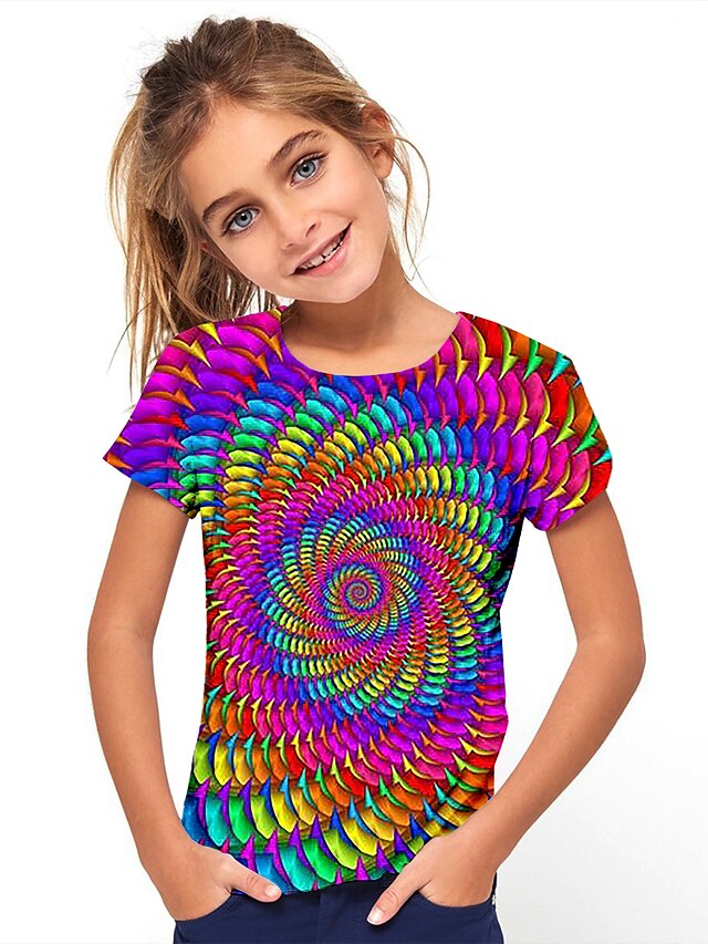  Børn Pige T-shirt Kortærmet 3D-trykt Grafisk 3D Print Farveblok Geometrisk Crewneck Dybblå Flåde Rose sort Børn Toppe Sommer Basale Mode Gade Atletisk / Sport