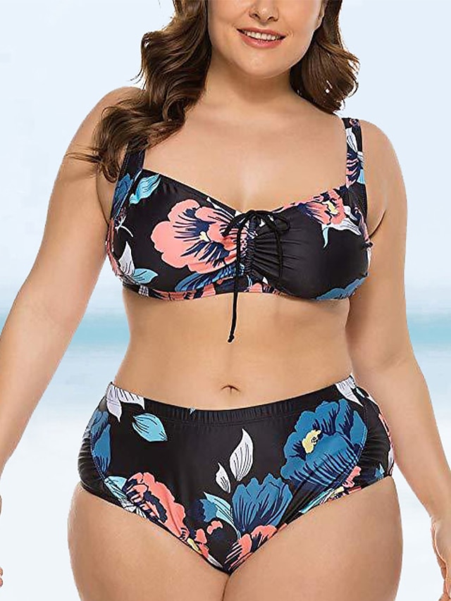  Tankini Women's Swimsuit Floral Bow Print Black Plus Size Swimwear Halter Bathing Suits