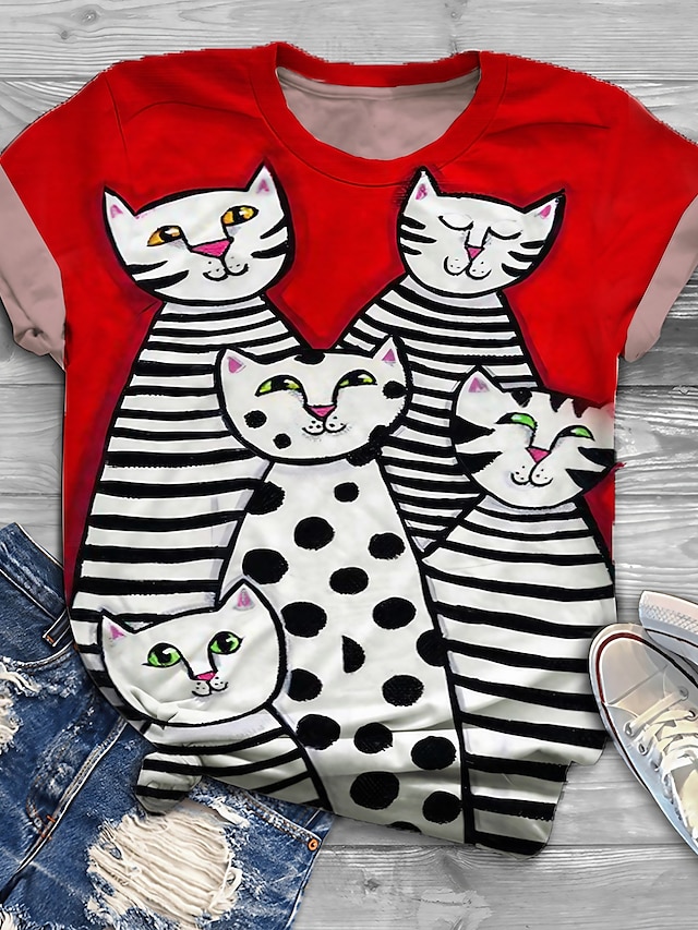  Women's Plus Size Tops T shirt Cat Graphic Short Sleeve Print Crewneck Cotton Spandex Jersey Daily Holiday Red