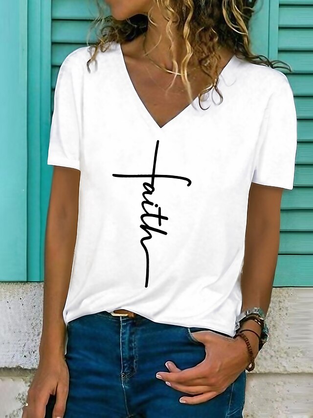  Women's Casual V-Neck Short Sleeve Graphic Tee