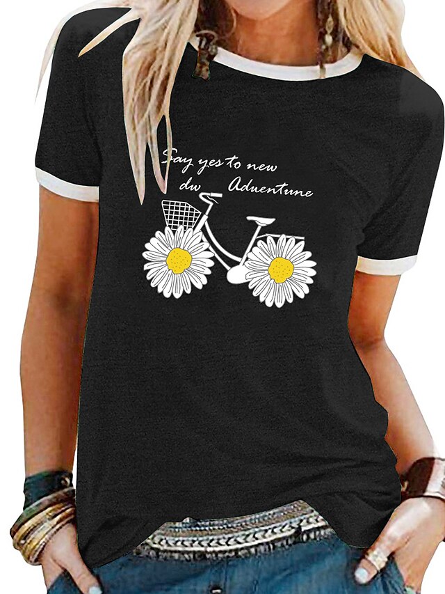  Damen T-Shirt Blumen Blume Rundhalsausschnitt Grundlegend Oberteile Schwarz Purpur Gelb