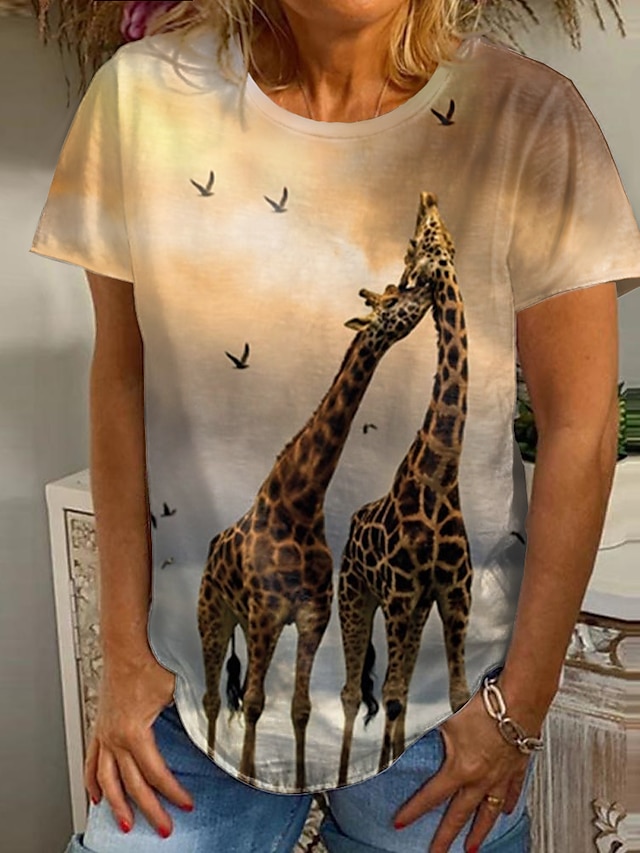  Women's T shirt Tee Yellow Graphic Giraffe 3D Print Short Sleeve Daily Weekend Basic Round Neck Regular Fit 3D Printed Painting