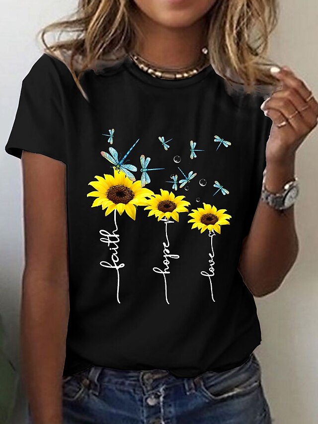  Women's Floral Theme Sunflower T shirt Floral Graphic Print Round Neck Basic Tops White Black