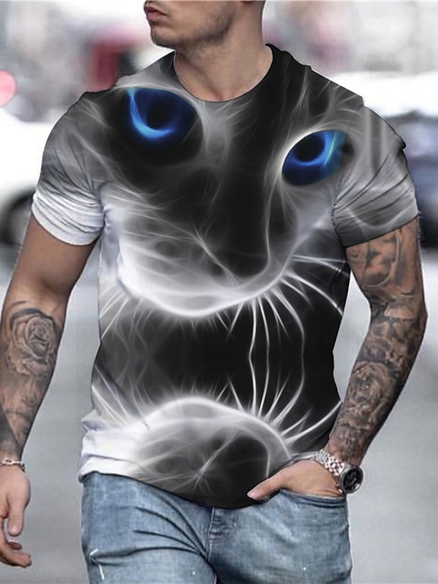  Men's Shirt T shirt Tee Tee Graphic Animal Cat Round Neck Gray 3D Print Plus Size Street Casual Daily Short Sleeve Print Clothing Apparel Party Designer Country Casual