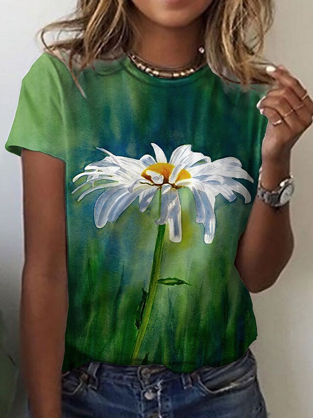  Dame Blomstret Grafisk Daglig Weekend Blomster Tema Maleri Kortærmet T-shirt Rund hals Trykt mønster Basale Toppe Grøn S / 3D-udskrivning