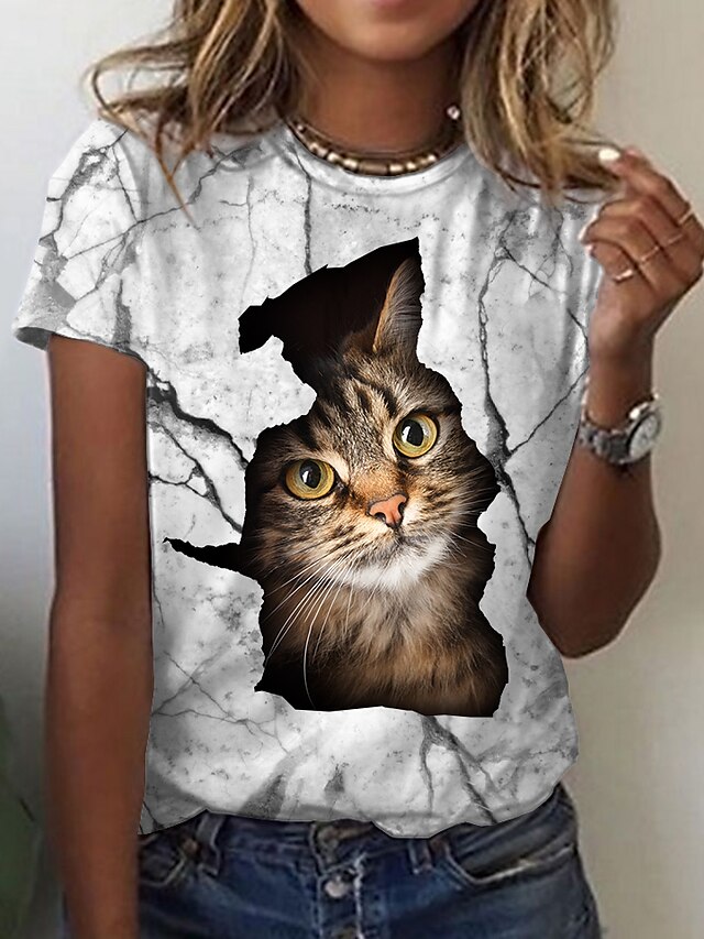  Dame T skjorte Grafisk Katt 3D Daglig Helg Hvit Trykt mønster Kortermet Grunnleggende Rund hals Normal