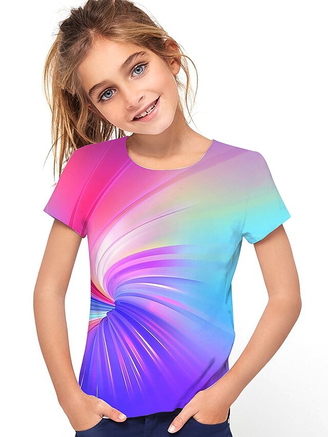  Kids Girls' T shirt Tee Short Sleeve Graphic Optical Illusion Color Block 3D Print Rainbow Children Tops Active Streetwear Sports Summer