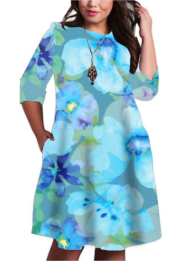  Women's Plus Size Floral Shift Dress Print Round Neck 3/4 Length Sleeve Casual Fall Spring Daily Holiday Knee Length Dress Dress