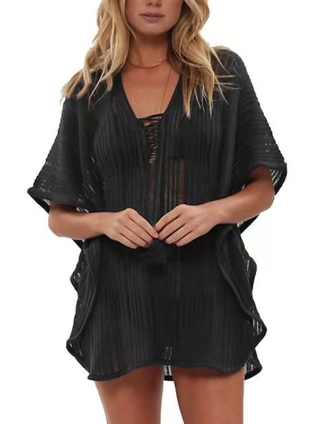  Women's Black Chiffon Lace Solid Color Geometric Plunge Fashion Sexy One-Size / Swimsuit Cover Up / Beach Top / Tunic / T shirt Dress / New