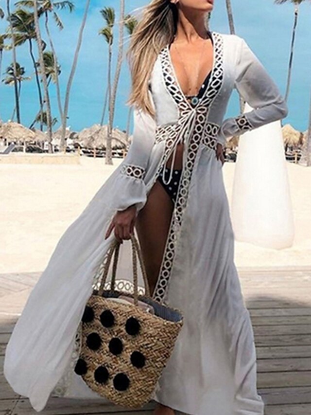  Women's Swimwear Cover Up Normal Swimsuit Modest Swimwear Solid Colored White Bathing Suits