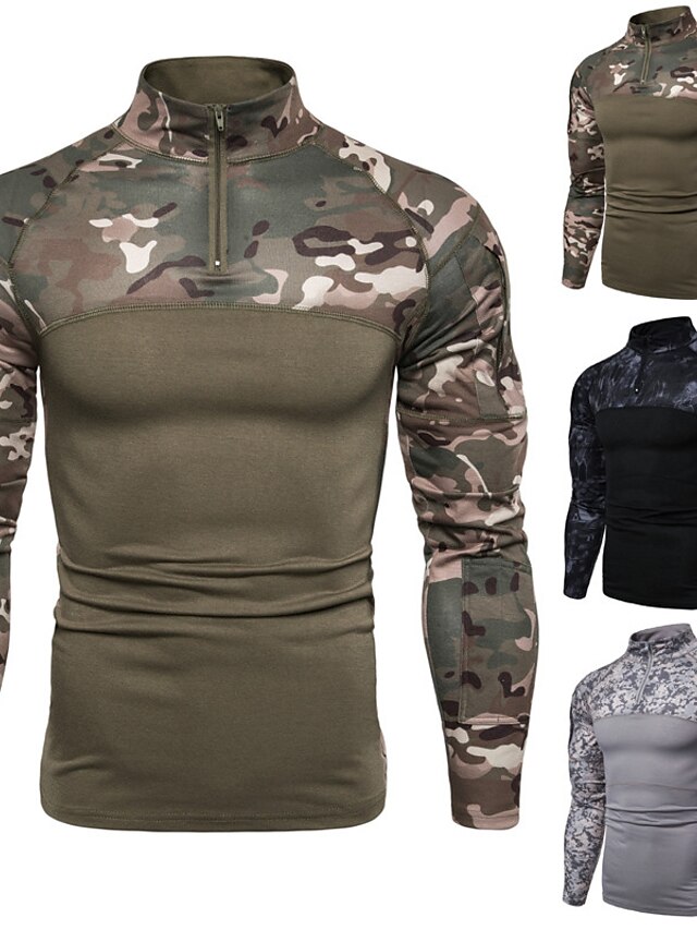  Men's T shirt Tee Camouflage Standing Collar Casual Daily Long Sleeve Zipper Tops Lightweight Casual Classic Muscle Black Gray Army Green / Sports