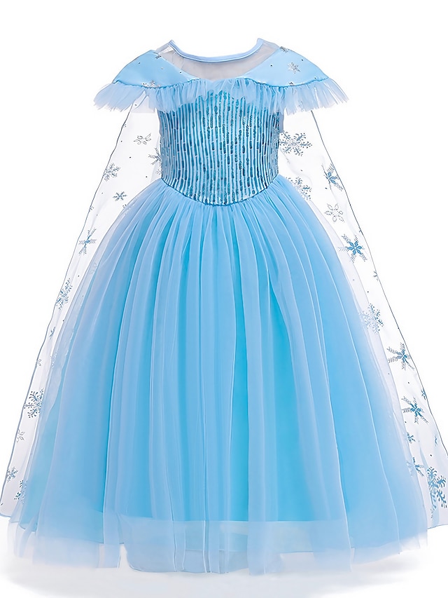  Kids Little Girls' Dress Solid Colored Snowflake Flower Tulle Dress Birthday Party Sequins Patchwork Full Length Blue Maxi Short Sleeve Elegant Cosplay Costumes Dresses Regular Fit