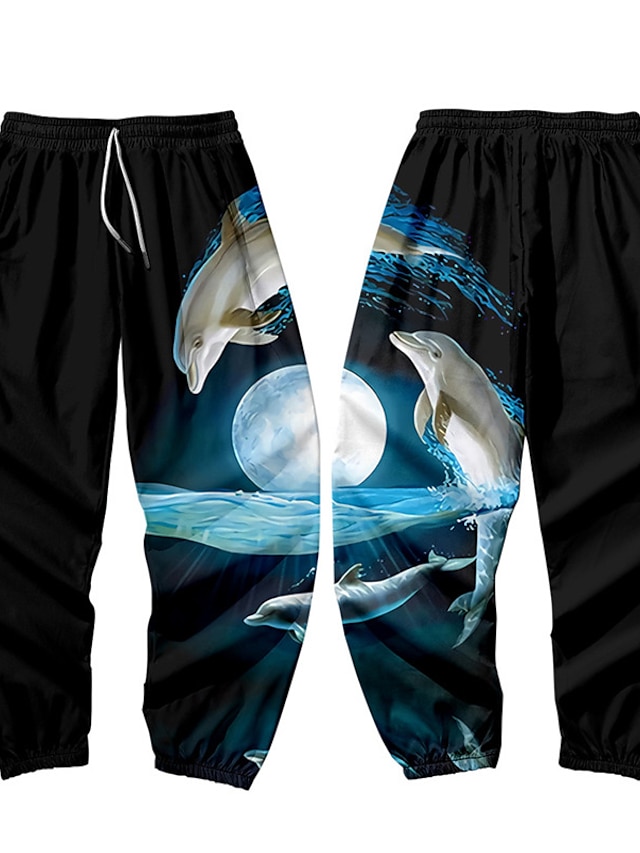  Men's Casual / Sporty Athleisure 3D Print Elastic Waist Harem Loose Jogger Full Length Pants Micro-elastic Daily Sports Dolphin Mid Waist Black XXS XS S M L
