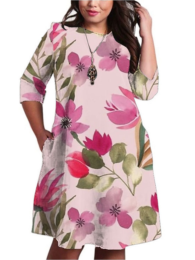  Women's Plus Size Floral Shift Dress Print Round Neck 3/4 Length Sleeve Casual Vintage Fall Spring Daily Holiday Knee Length Dress Dress / Summer / Graphic Patterned