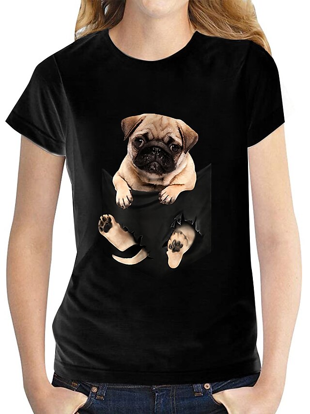  Damen T Shirt Weiß Schwarz Bedruckt Graphic Hund Täglich Kurzarm Rundhalsausschnitt Basic 100% Baumwolle Standard 3D S