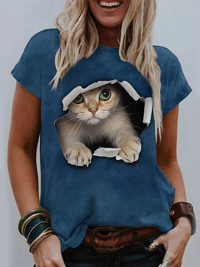  Dame Kat Grafisk 3D Daglig Weekend 3D kat Kortærmet T-shirt Rund hals Trykt mønster Basale Toppe Blå Gul Mørkegrå S / 3D-udskrivning