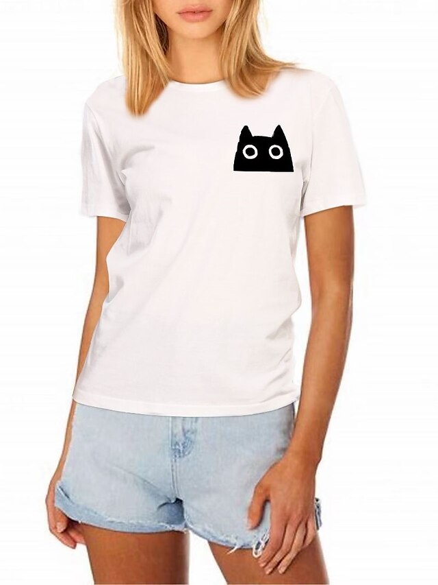  Dame T-shirt Kat Grafiske tryk Trykt mønster Rund hals Toppe 100 % bomuld Basale Grundlæggende top Hvid Lysebrun Kamel