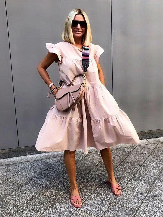  Women's Knee Length Dress A Line Dress Sundress Green White Black Pink Fuchsia Red Short Sleeve Smocked Ruffle Pure Color Crew Neck Spring Summer Hot Elegant Casual 2022 Loose S M L XL XXL