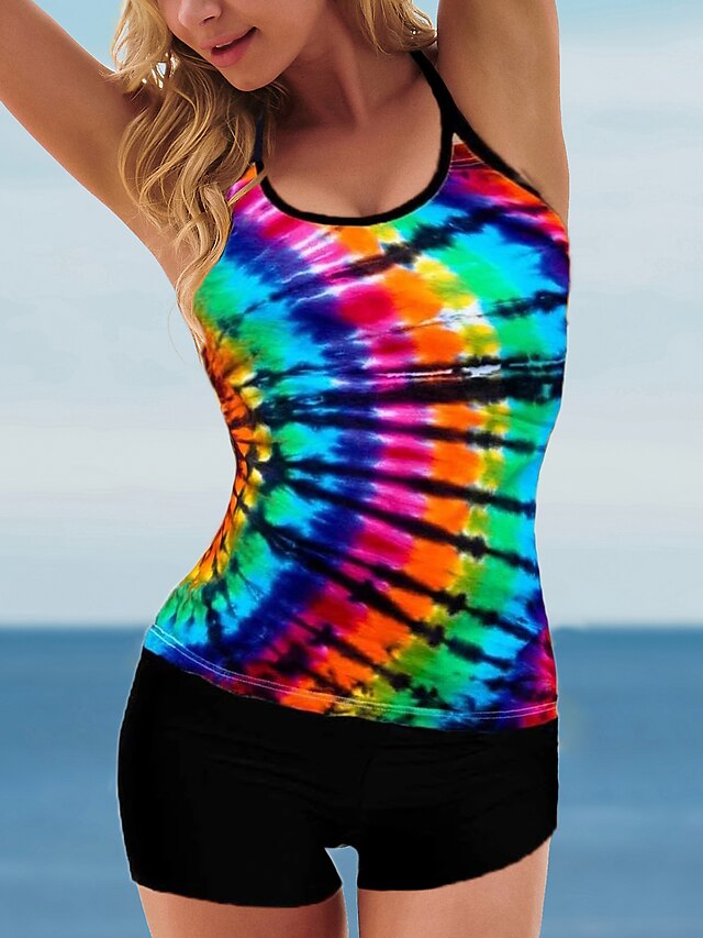  Women's Tankini Swimsuit Criss Cross Print Rainbow 3D Rainbow Swimwear Bathing Suits Colorful Sports / Padless