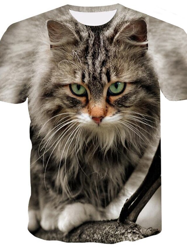  Herre T skjorte Skjorte T-skjorter Grafisk Dyr Katt 3D Rund hals Blå Kakifarget Grå 3D-utskrift Fest Innendørs Kortermet Trykt mønster Klær Elegant og moderne