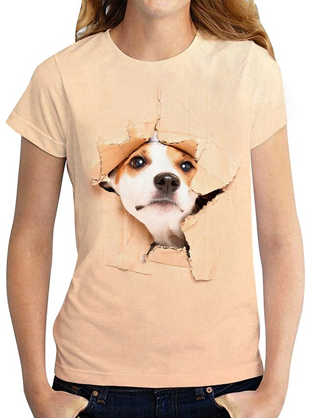  Dame 3D T skjorte Hund Grafisk 3D Trykt mønster Rund hals Grunnleggende Topper Hvit Gul Oransje