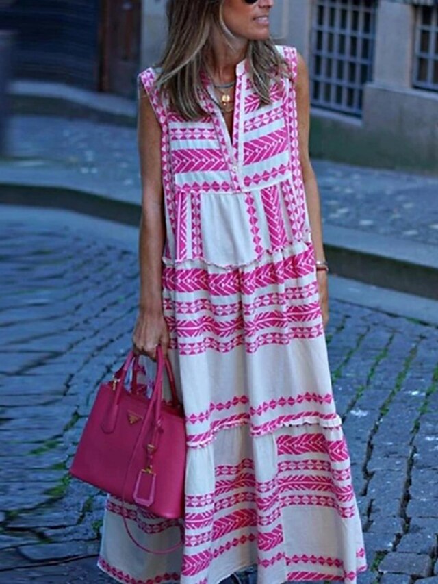  Women's Pink Geometric Patchwork Maxi Dress