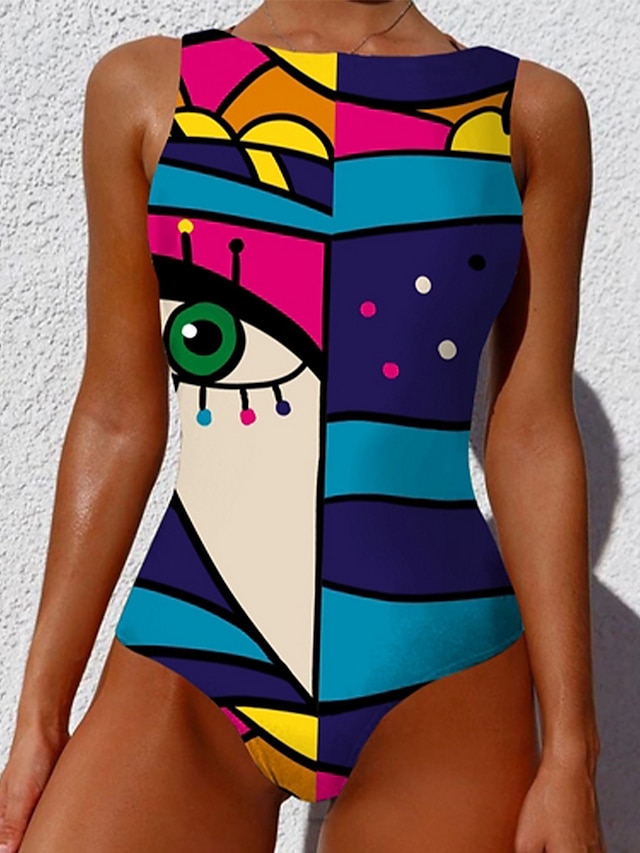  Women's Swimwear One Piece Monokini Bathing Suits Normal Swimsuit Color Block Geometric Slim Red print Blue print Black print Green print (White) 3 Padded Bathing Suits Active Basic Sports / Sexy