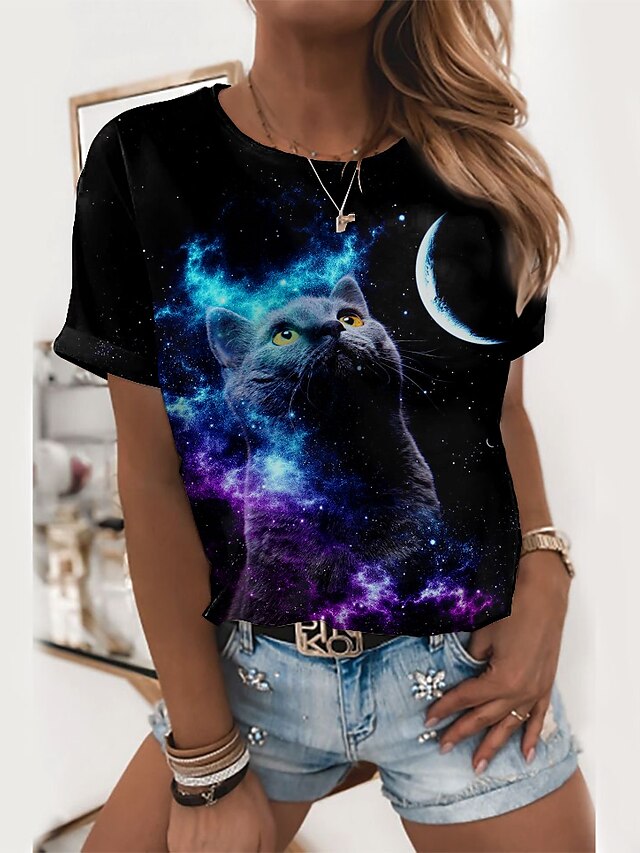  T shirt Tee Femme du quotidien Fin de semaine Galaxie Chat Graphic Manches Courtes Chat 3D Col Rond Imprimer basique Noir Hauts Standard S / 3D effet