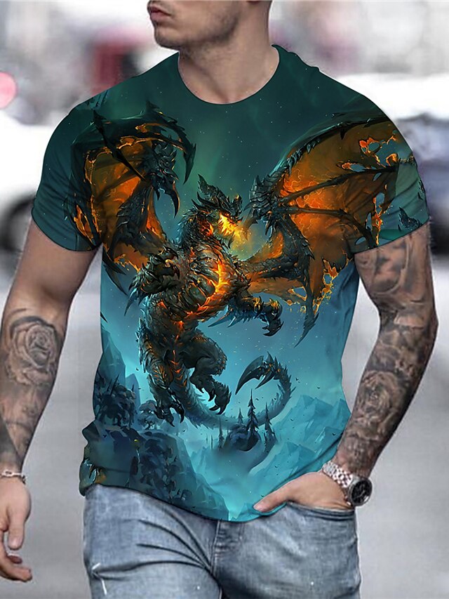  Herre Skjorte T-shirt T-Shirts Grafisk Anime Drage Rund hals Sort Gylden Blå Orange Regnbue 3D-udskrivning Plusstørrelser Daglig Ferie Kortærmet Trykt mønster Tøj Gade overdrevet