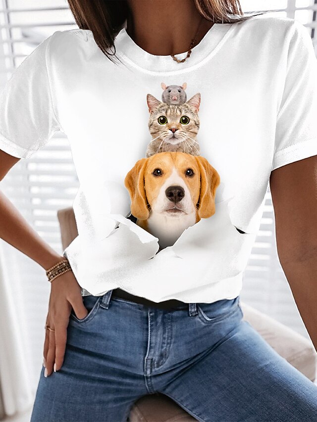  Women's T shirt Tee White Print Animal Cat Casual Daily Short Sleeve Round Neck Basic Regular 3D Cat S