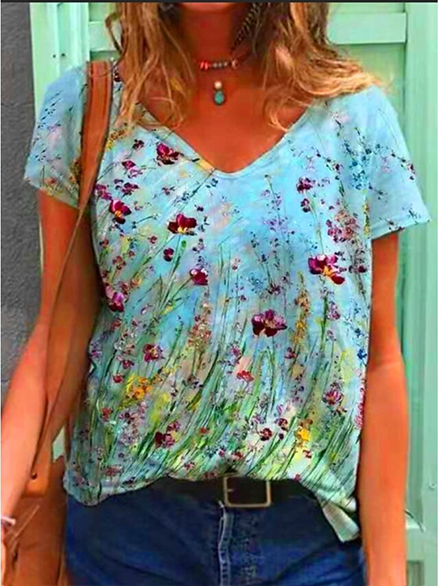 Women's T shirt Tee Floral Graphic Patterned Daily Short Sleeve T shirt Tee V Neck Print Basic Essential Loose Green Blue Yellow S / 3D Print