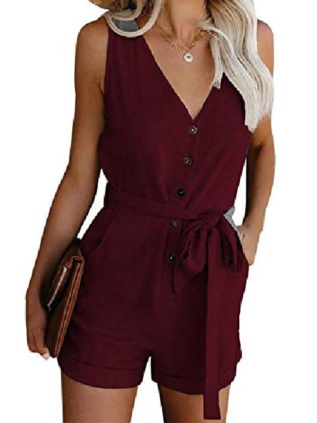  Women's Romper Solid Color Casual Casual Daily Sleeveless Standard Fit Wine Red Blue White S M L Summer