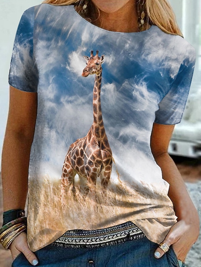  Women's T shirt Tee Graphic Giraffe 3D Daily Weekend Blue Print Short Sleeve Basic Round Neck Regular Fit